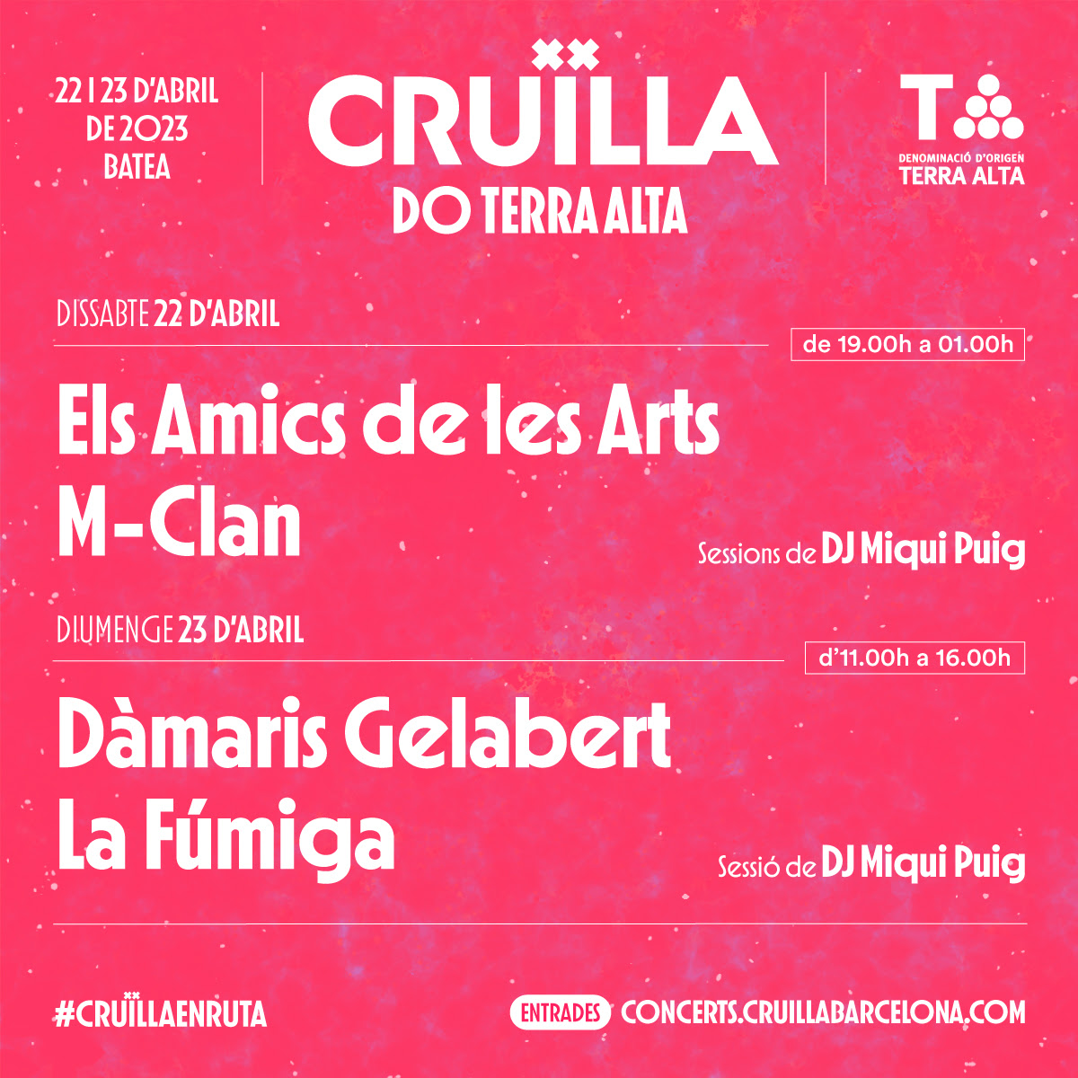 Cruïlla DO Terra Alta: MClan, Els Amics de les Arts, La Fúmiga, Dàmaris Gelabert i Dj Miqui Puig actuarán en la primera edición del festival.